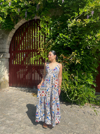 Robe longue fendue à motifs bleus Sayan