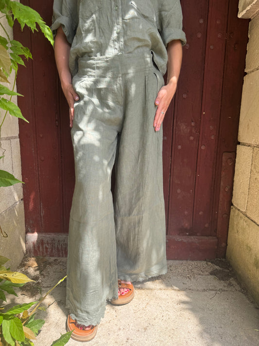Pantalon large lin vert Jintana