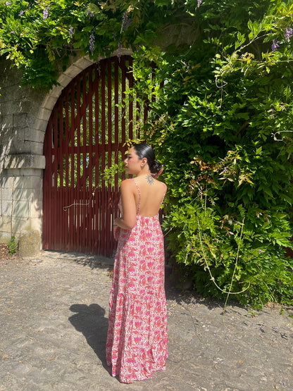 Robe longue fendue à motifs roses Intira