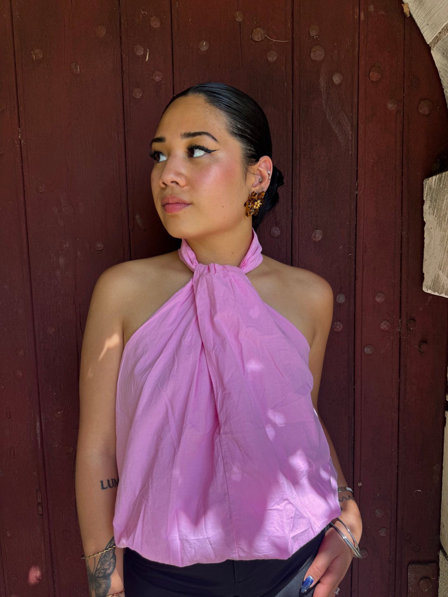 Top col haut bouffant rose Panya