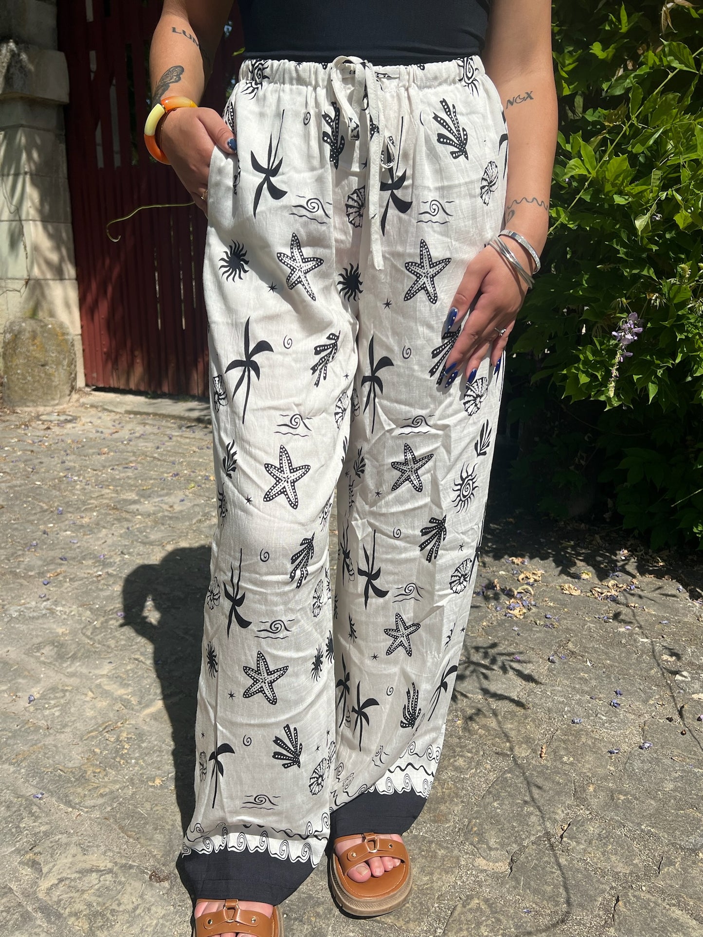 Pantalon large à motifs marins Manya noir