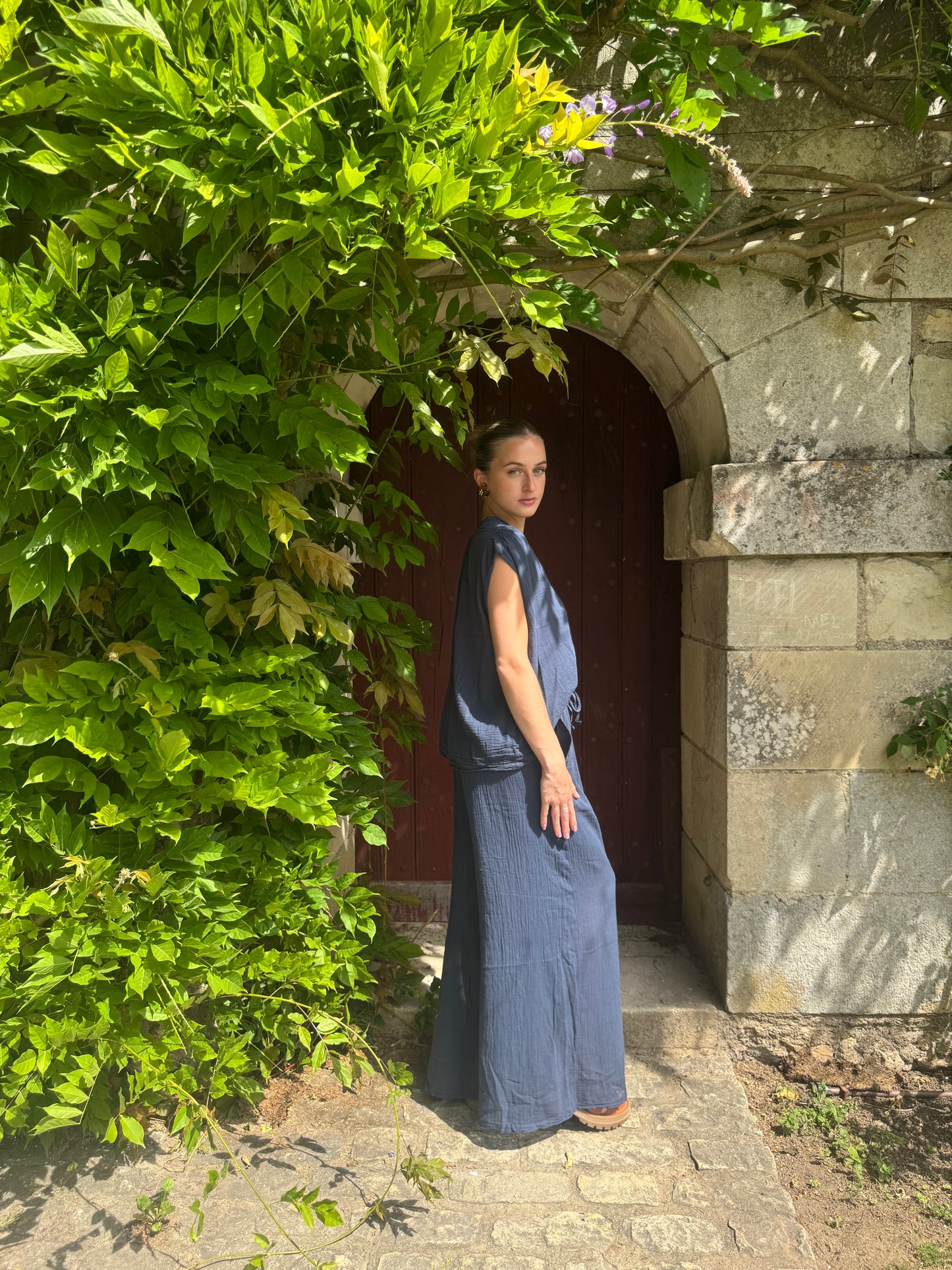 Pantalon large gaz de coton bleu marine Sumalee — Taille unique