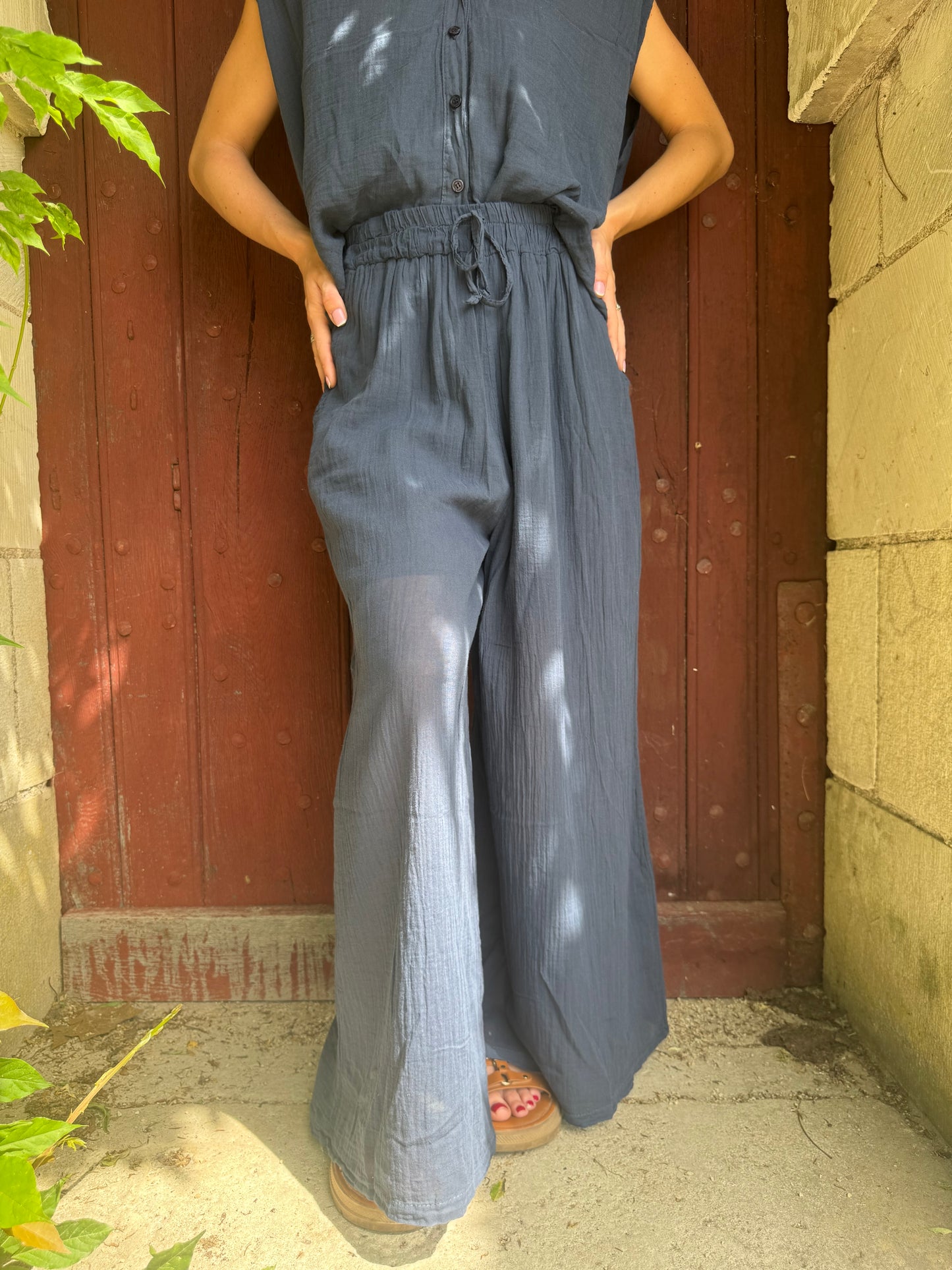 Pantalon large gaz de coton bleu marine Sumalee — Taille unique