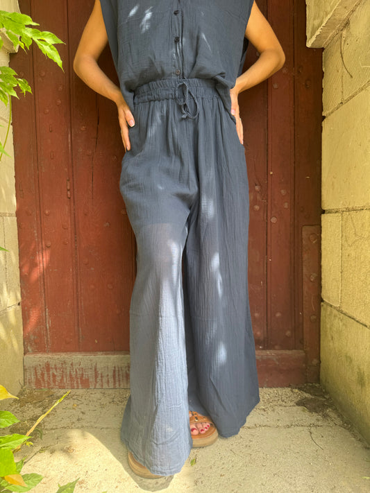 Pantalon large gaz de coton bleu marine Sumalee — Taille unique