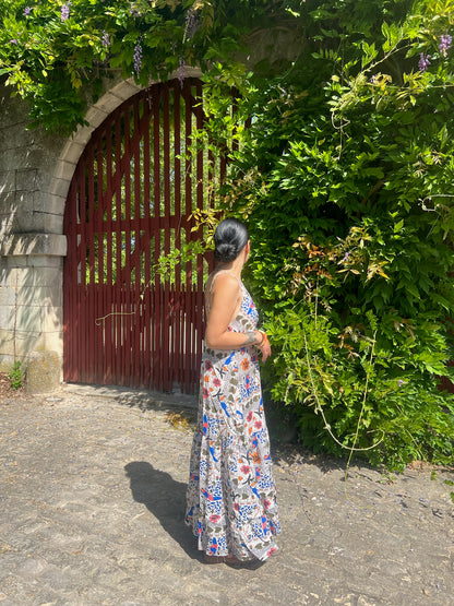 Robe longue fendue à motifs bleus Sayan