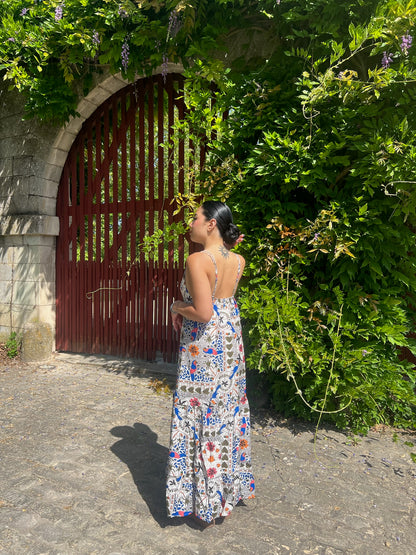 Robe longue fendue à motifs bleus Sayan