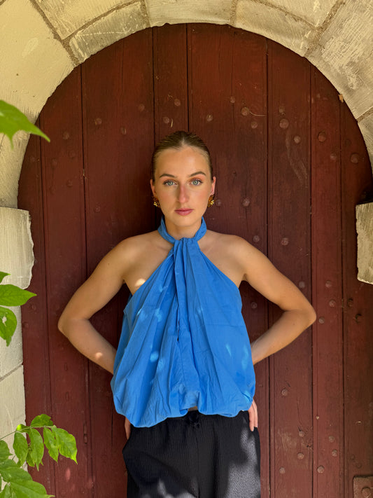 Top col haut bouffant bleu cobalt Panya