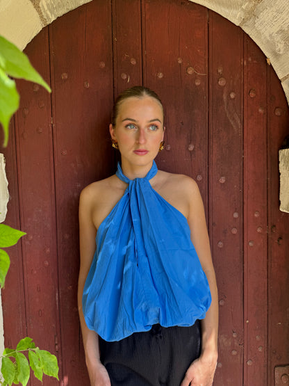 Top col haut bouffant bleu cobalt Panya