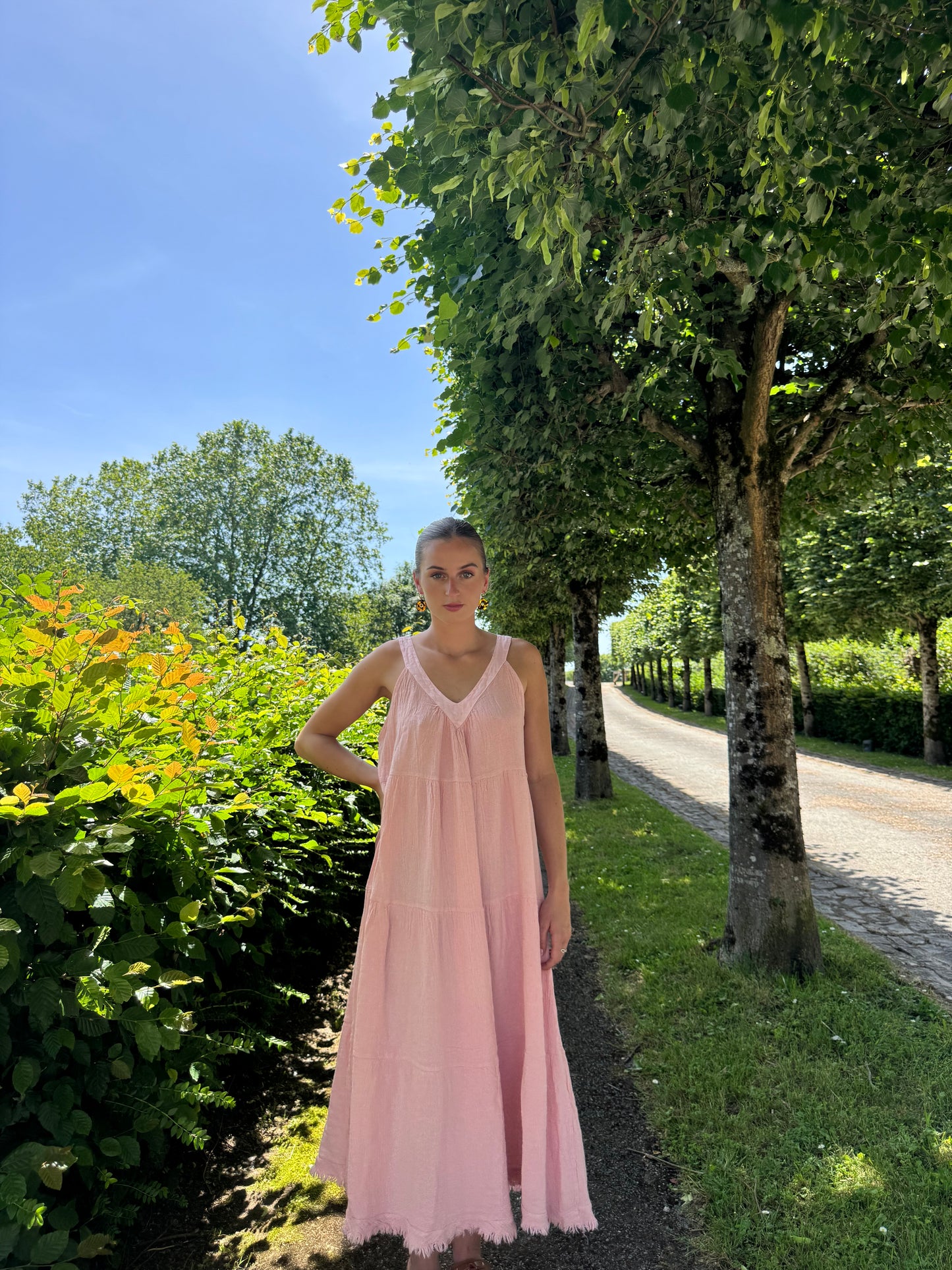 Robe longue coton lin rose Winai