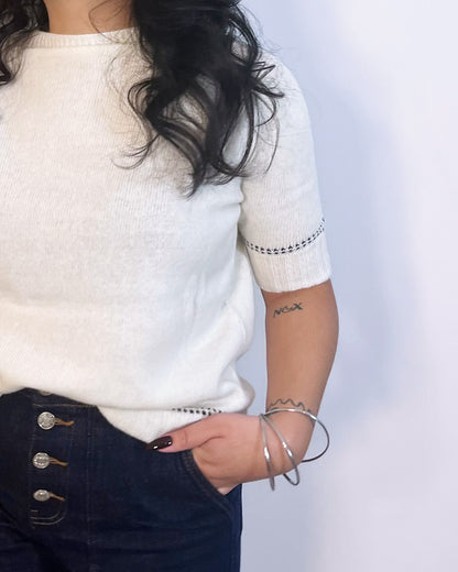 Pull à manches courtes crème en laine Samjaï