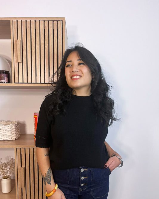 Pull à manches courtes noir en laine Samjaï