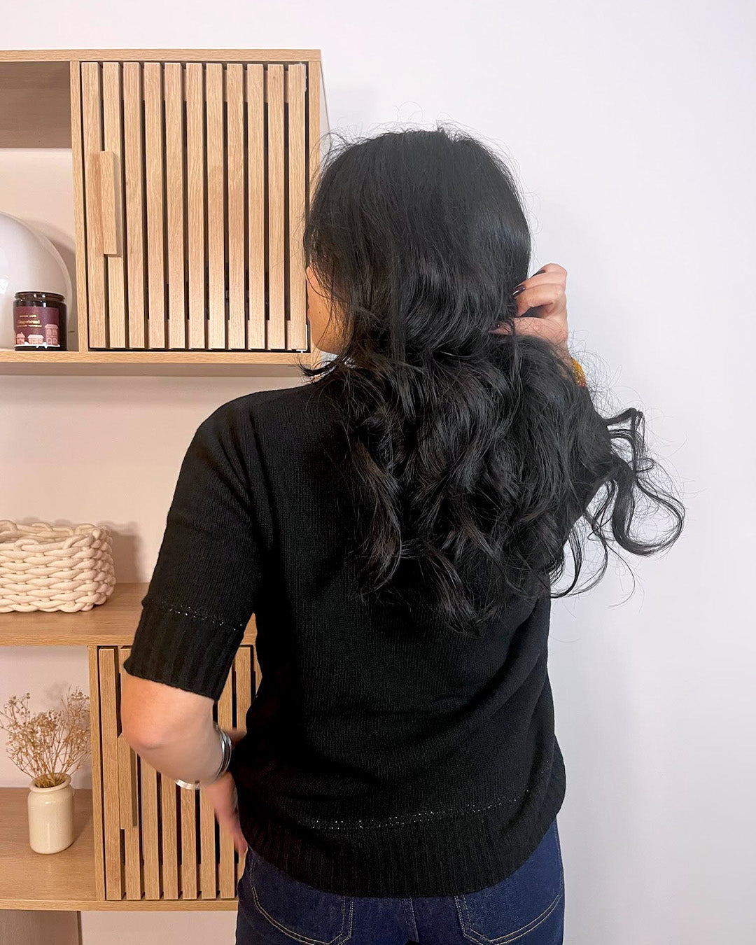 Pull à manches courtes noir en laine Samjaï