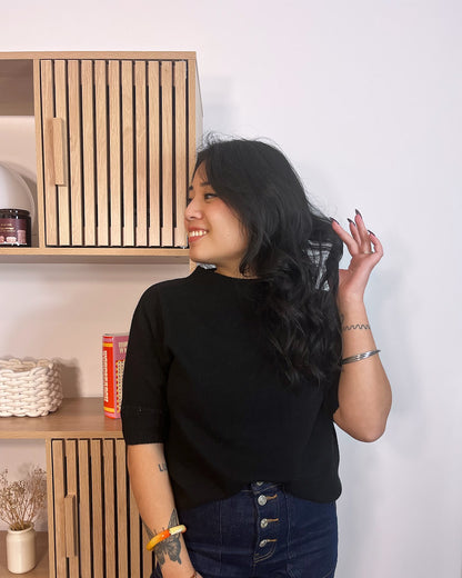 Pull à manches courtes noir en laine Samjaï